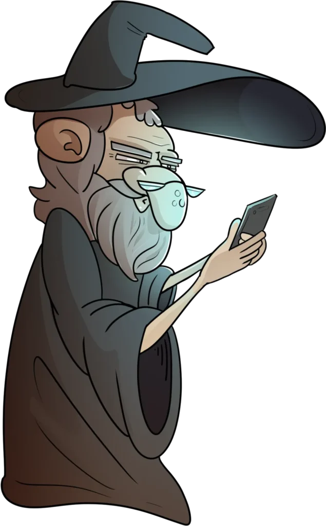 Getekende tovenaar die op zijn telefoon naar de pagina zoekt